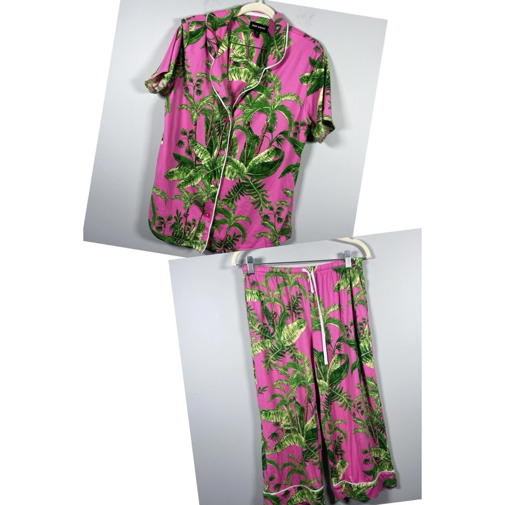 Room Service Pajama Set Womens Small Pink Palm Print Top Crop Pant Sleepwear PJs
